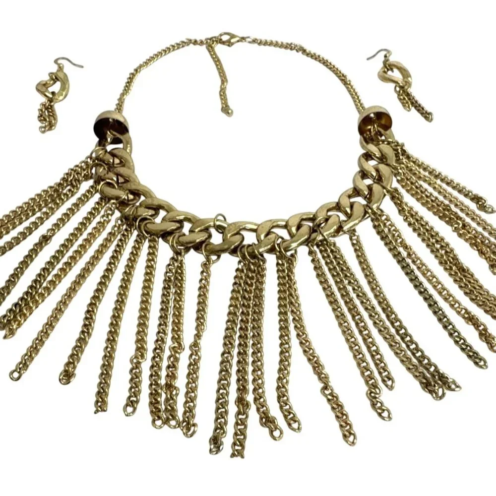 Vintage Gold Tone Fringe Necklace & Earring Set - Picture 2 of 7
